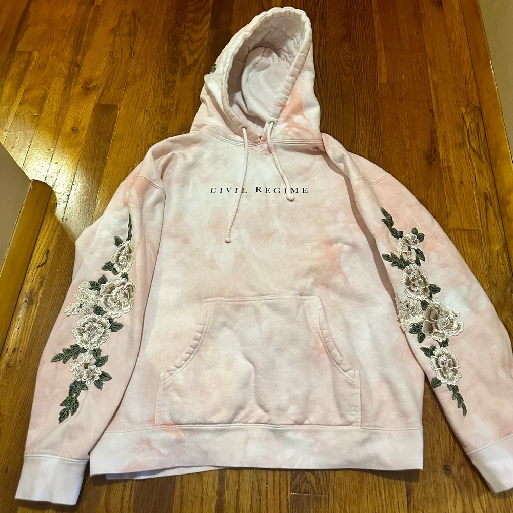 Civil Regime “Roses” Pink Tie-Dye Hoodie with Floral Embroidery size Large